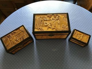 Set Of 3 Different Size,  Hand Carved,  Oriental/asian Wooden Boxes/chest