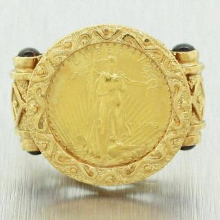 Vintage Estate 14k Solid Yellow Gold Red Stone 1999 American Eagle Coin Ring
