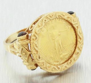Vintage Estate 14k Solid Yellow Gold Red Stone 1999 American Eagle Coin Ring 3