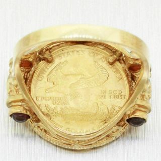 Vintage Estate 14k Solid Yellow Gold Red Stone 1999 American Eagle Coin Ring 6