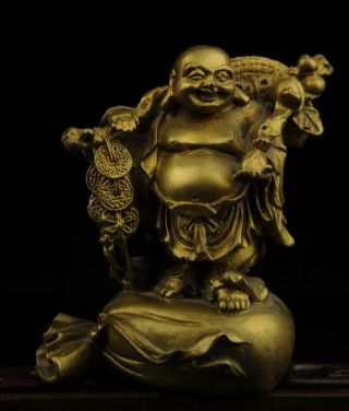 China Old Antique Hand Made Brass Maitreya Buddha And Moneybag Statue B02