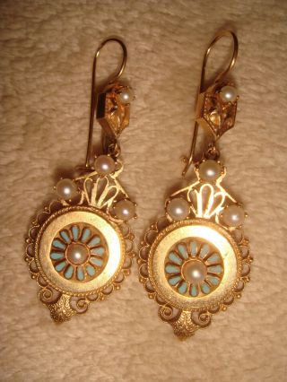 Antique Victorian 2 " 14k Gold Aqua Enamel & Pearl Filagree Pendant Earrings