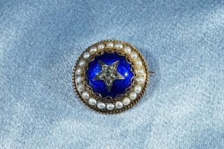 Antique French Victorian 18k Gold Rose Cut Diamonds Pearls Enamel Brooch