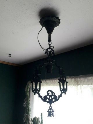 Antique Victorian Cast Iron Hanging Lamp With Brass Canopy