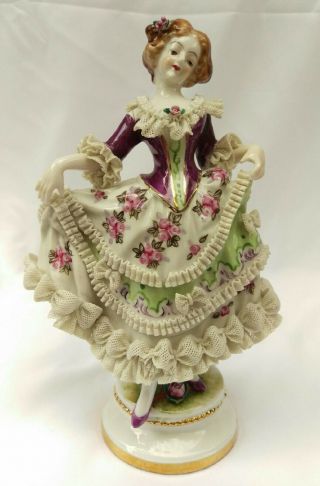 Vintage Elegant Dresden Style 8 " Lady Figurine With Lace Bow Dress Japan