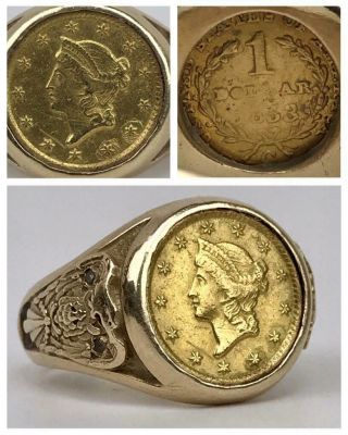 Rare Antique 1853 C United States $1 Dollar Gold Coin 14k Eagle Mens Ring Sz 7.  5