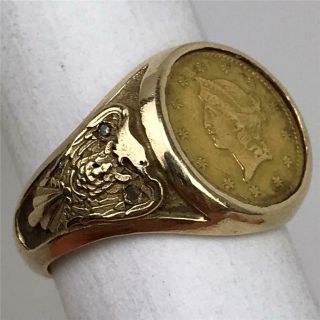 RARE Antique 1853 C United States $1 Dollar Gold Coin 14k Eagle Mens Ring Sz 7.  5 2