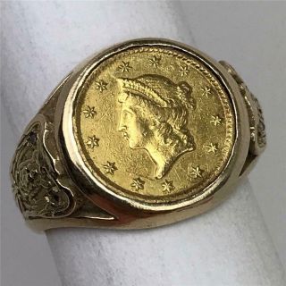 RARE Antique 1853 C United States $1 Dollar Gold Coin 14k Eagle Mens Ring Sz 7.  5 3