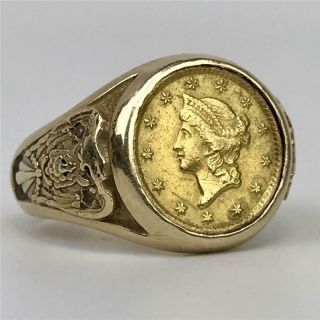 RARE Antique 1853 C United States $1 Dollar Gold Coin 14k Eagle Mens Ring Sz 7.  5 4