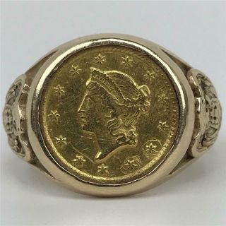 RARE Antique 1853 C United States $1 Dollar Gold Coin 14k Eagle Mens Ring Sz 7.  5 5