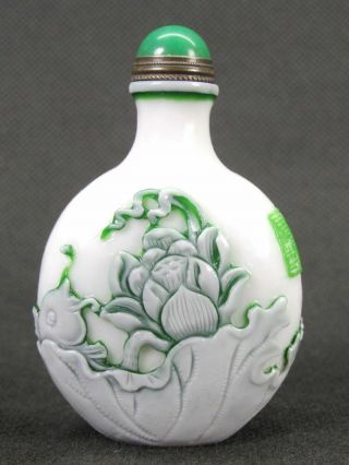Chinese Fish Dragonfly Lotus Flower Carved Peking Overlay Glass Snuff Bottle