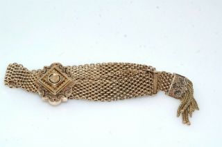 Victorian Enamel 9ct 10k Yellow Gold Slide Tassel Woven Bracelet