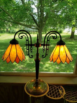 Art Nouveau Early Electric Table Lamp - Stained Glass & Brass - Maker Unknown