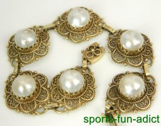 Vintage 14k Yellow Gold Mabe Pearl Ornate Filigree Link Bracelet Signed
