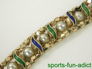 Vintage 14k Yellow Gold 3d Enamel Cultured Pearl / Ribbed Beaded Bracelet