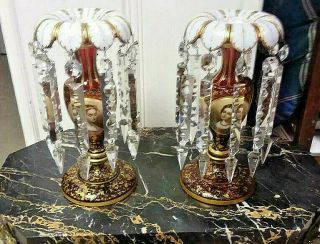 Pair Antique Cranberry Glass Mantle Lusters Portraits Moser ? 10 ½”