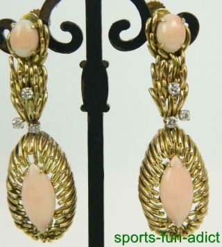 Retro Vintage Abstract 14k Real Diamond Coral Yellow Gold Dangle Earrings Heavy