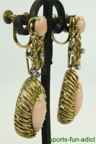 Retro Vintage Abstract 14K Real Diamond Coral Yellow Gold Dangle Earrings HEAVY 6