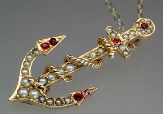 Pretty Antique Victorian 10k Gold Ruby Paste Pearl Anchor Chain Pendant Necklace