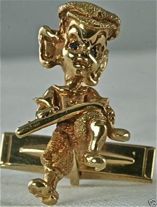 VINTAGE 1960 ' S 14K GOLD SAPPHIRE GOLFING ANGRY LEPRECHAN CUFFLINKS GOLF RUSER 4