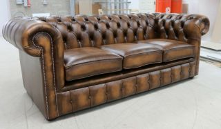 Chesterfield Tufted Buttoned 3 Seater Sofa Couch Real Vintage Tan Leather