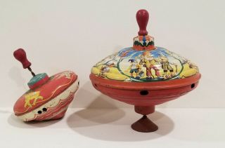 Set Of Vintage Spinning Tops Rare Tin Toys Snow White