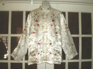 Chinese Vintage 100 White Silk Jacket/robe W/embroidered Floral Design Sz Xl
