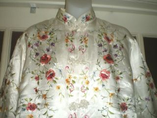 Chinese Vintage 100 White Silk Jacket/Robe w/Embroidered Floral Design sz XL 3