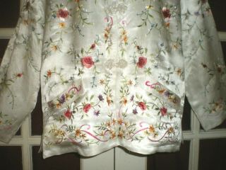 Chinese Vintage 100 White Silk Jacket/Robe w/Embroidered Floral Design sz XL 4