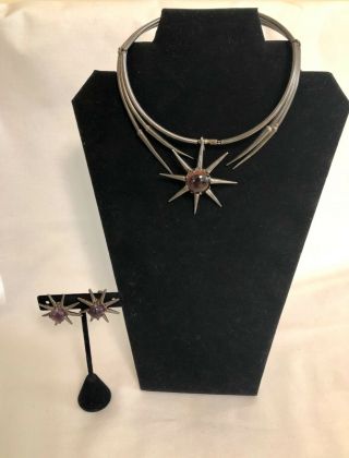 Salvador Teran Vintage Mexico Sterling Atomic Design Amethyst Star Jewelry