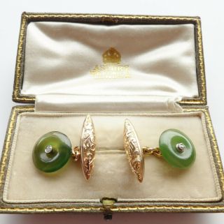 Antique Art Deco Jade,  Gold & Diamond Cufflinks In Asprey Box C.  1930 