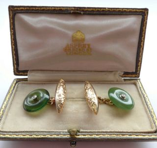 Antique Art Deco Jade,  Gold & Diamond Cufflinks in Asprey Box C.  1930 ' s - Wedding 9
