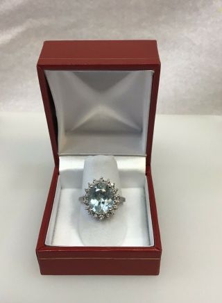 Vintage 14k White Gold 5.  00 Ct Natural Oval Aquamarine And Diamond Halo Ring