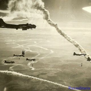 Org.  Photo: Aerial View B - 17 Bombers In Formation Dropping Bombs On Target