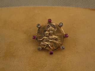 Antique Religious Mother Mary And Jesus 18k And 14k Gold Diamond Ruby Brooch