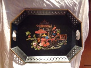 Vintage Large Asian Themed Tole Ware Metal Toleware Tray E.  T.  Nash