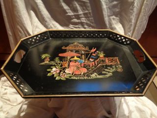 Vintage LARGE Asian Themed Tole ware Metal Toleware Tray E.  T.  Nash 3