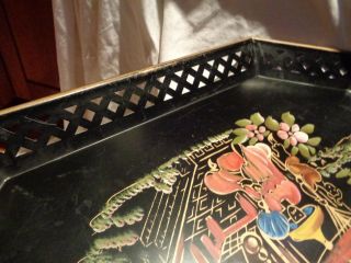 Vintage LARGE Asian Themed Tole ware Metal Toleware Tray E.  T.  Nash 6