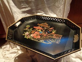 Vintage LARGE Asian Themed Tole ware Metal Toleware Tray E.  T.  Nash 7