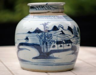 Antique 19c Chinese Blue & White Porcelain Ginger Jar,  Cover