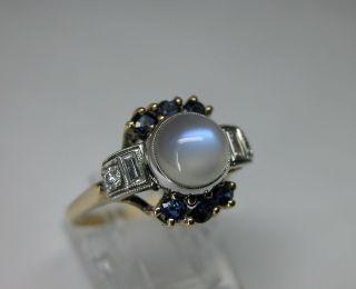 Antique Art Deco Retro Blue Hue Moonstone Sapphire Diamond 14k Gold Ring