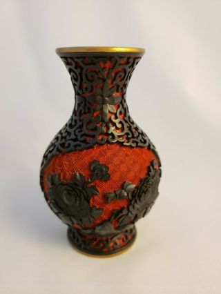 Vintage Chinese Cinnabar Enamel Carved Vase Black On Red Flowers 20th C