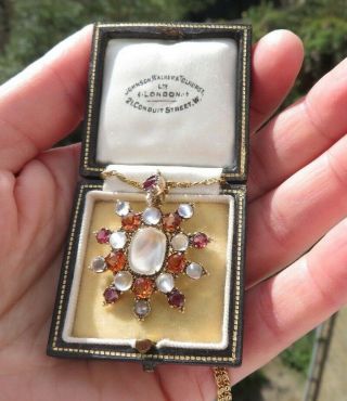 Antique Art Nouveau Moonstone Garnet & Citrine Gold Pendant