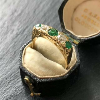 Vintage 18 Karat Gold Emerald & Diamond Five - Stone Ring