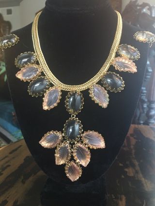 Incredible Vintage Schreiner Pink And Grey Carved Leaves Necklace & Earring Set
