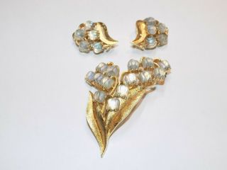 Rare A.  Philippe Trifari Faux Moonstone Fruit Salad Lilly Brooch Earrings Set