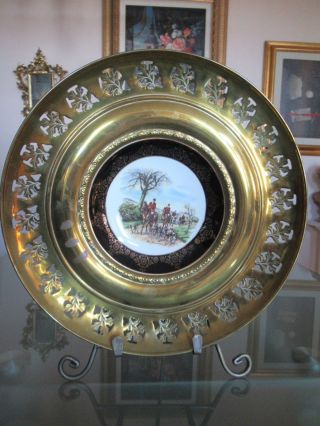 Vtg Regency Bone China,  England 12 " Brass Encased Porcelain Wall Plate Huntsman