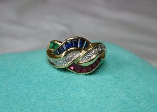 Sapphire Emerald Ruby Diamond Ring Appraised $1500 18k Gold Wedding Engagement