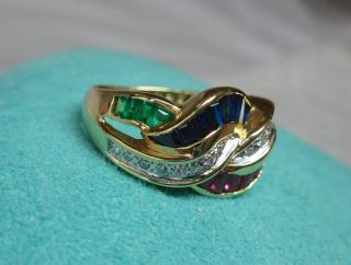 Sapphire Emerald Ruby Diamond Ring Appraised $1500 18K Gold Wedding Engagement 2
