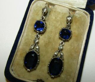 Exquisite,  Antique Georgian 9 Ct Gold Earrings / Old Cut Sapphire & Clear Paste